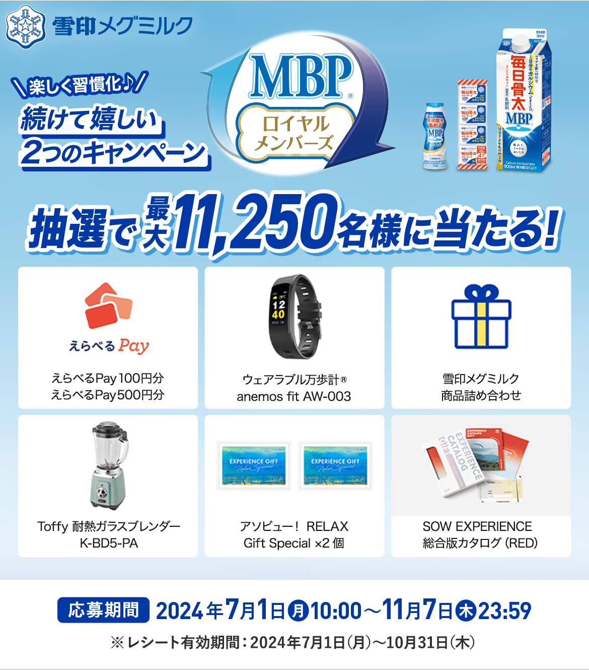 雪印メグミルク MBP®ロイヤルメンバーズ 楽しく習慣化 続けて嬉しい2つのキャンペーン 抽選で最大11,250名様に当たる! 応募期間 2024年7月1日(月)10:00〜11月7日(木)23:59 ※レシート有効期間:2024年7月1日(月)〜10月31日(木)