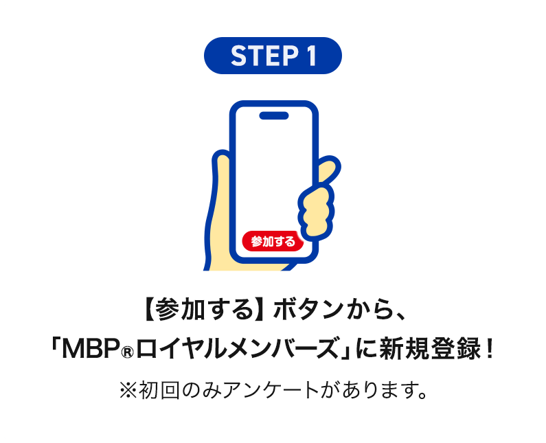 STEP1【参加する】ボタンから、「MBP®ロイヤルメンバーズ」に新規登録！※初回のみアンケートがあります。
